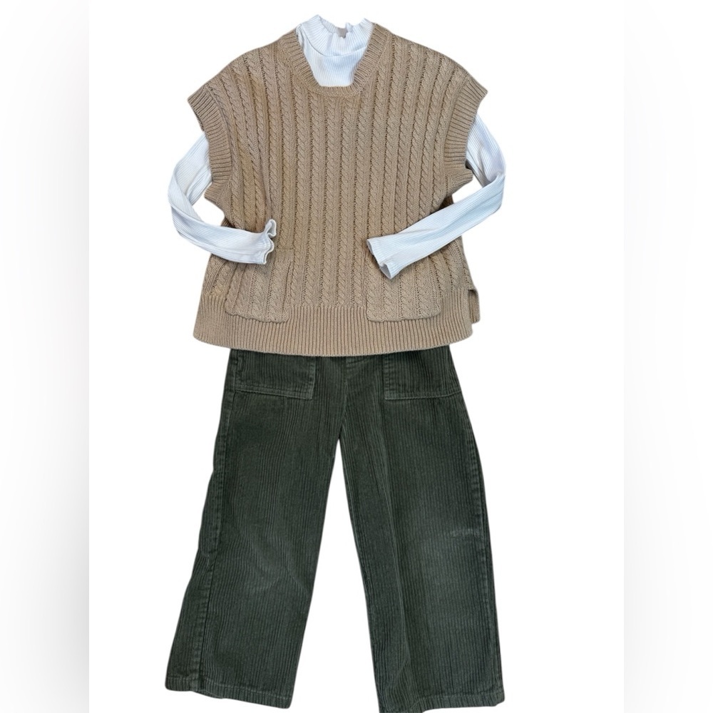 Girls 3-Piece Happily Grey Sweater Vest Green Corduroy Pants Fall Outfit Sz 7/8